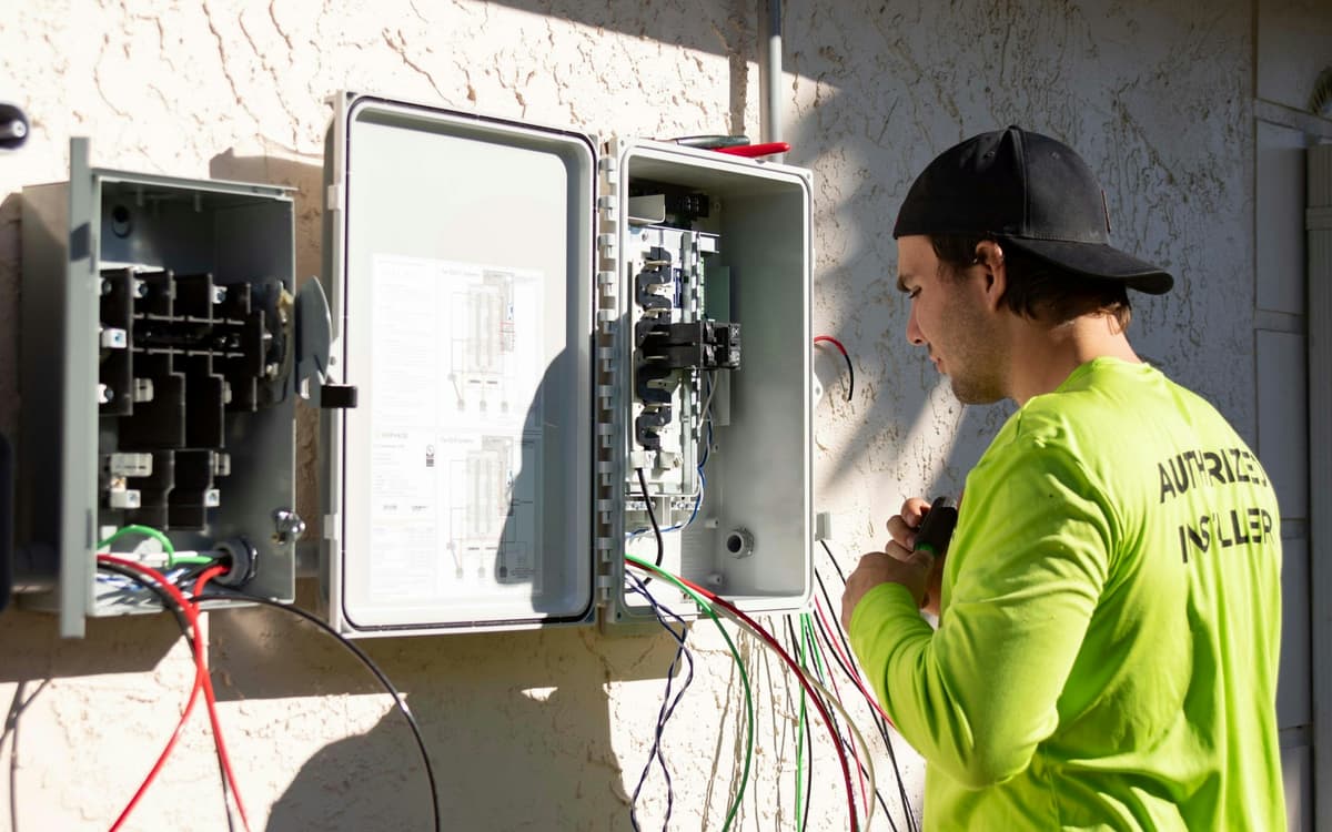 An electrician works on an open electrical panel mounted on an outside wall.