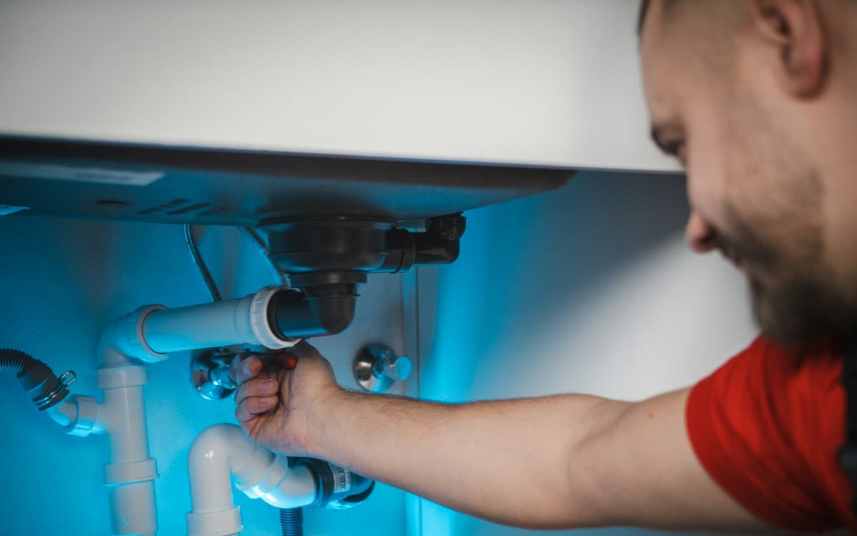 A plumber tightens a fitting on the drain pipes under a sink.